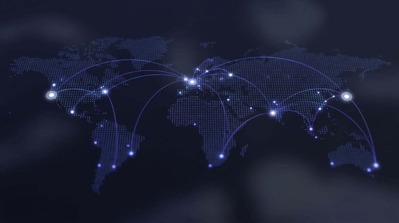 Glowing map of connections between cities across the world