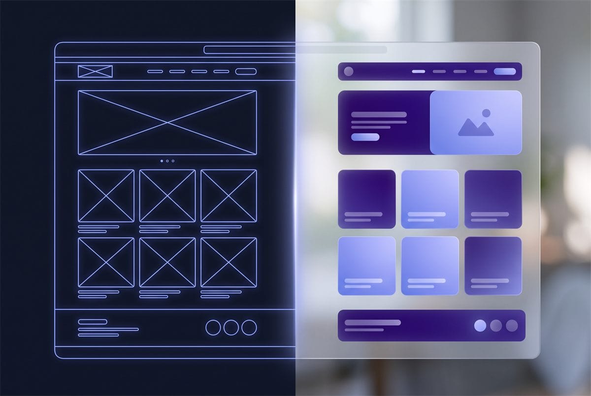 Website wireframe on the left turning into a finished polished page on the right