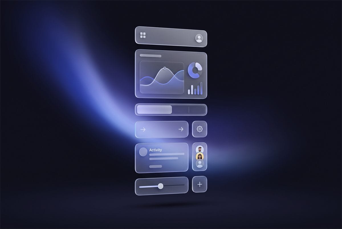 Frosted glass interface modules floating in soft indigo light