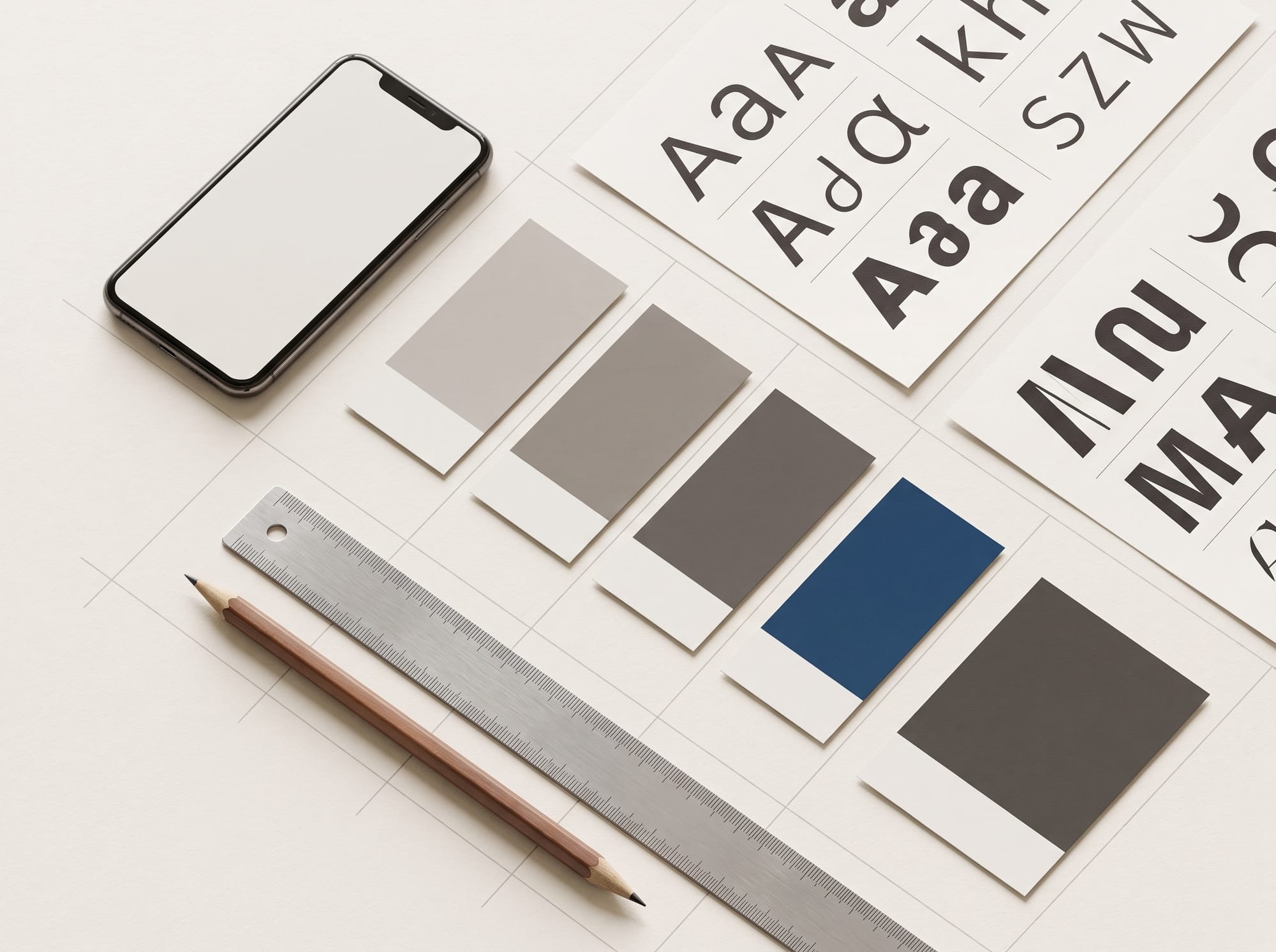 Design tools, type specimens and color swatches laid out on warm paper